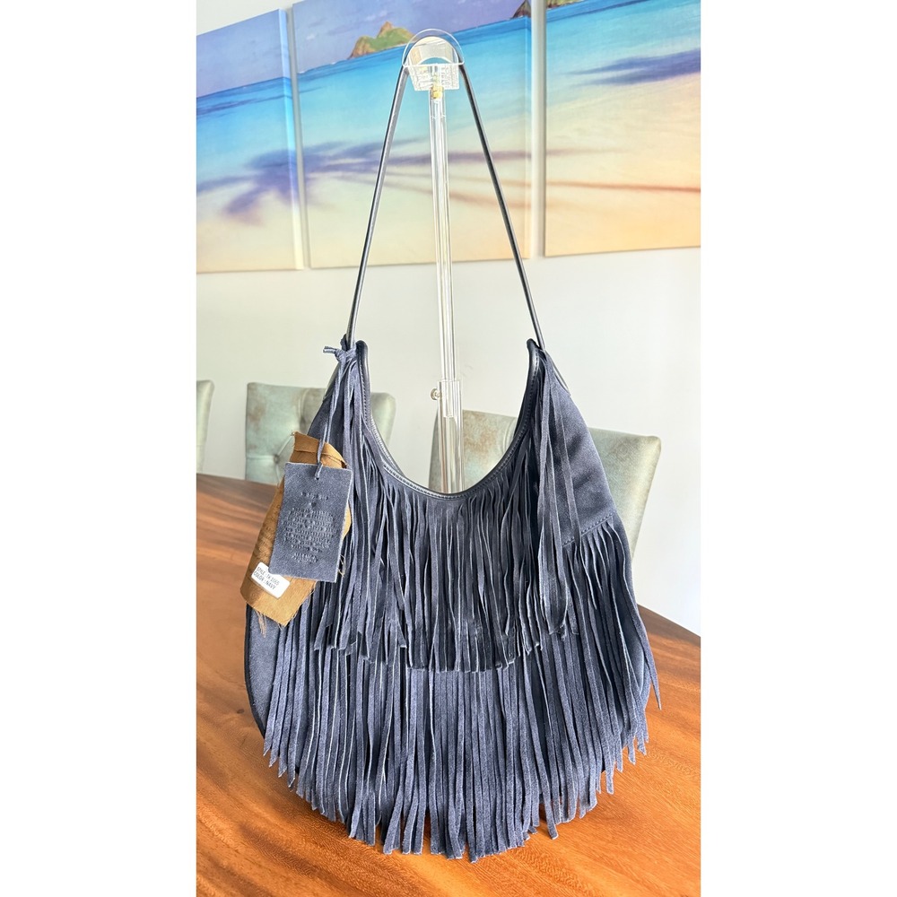 Vilenca Holland Suede Fringe Shoulder Bag Hobo Festival TK 1065 NWT Navy Blue